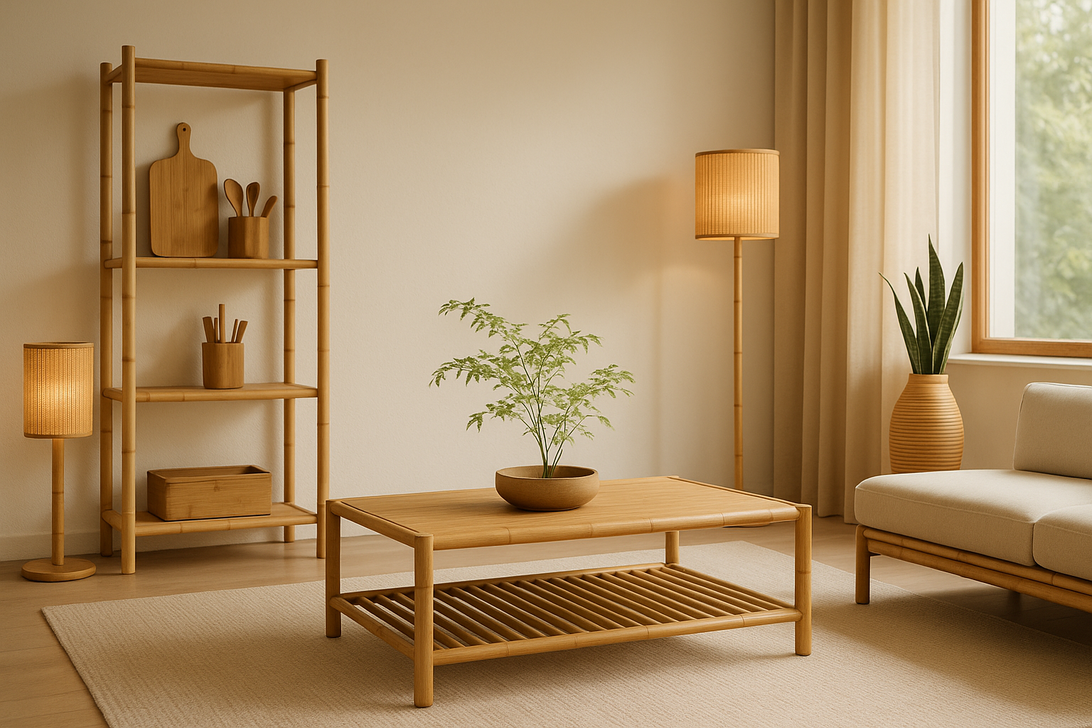 a calm modern home interior with bamboo furniture, kitchenware, or decor.