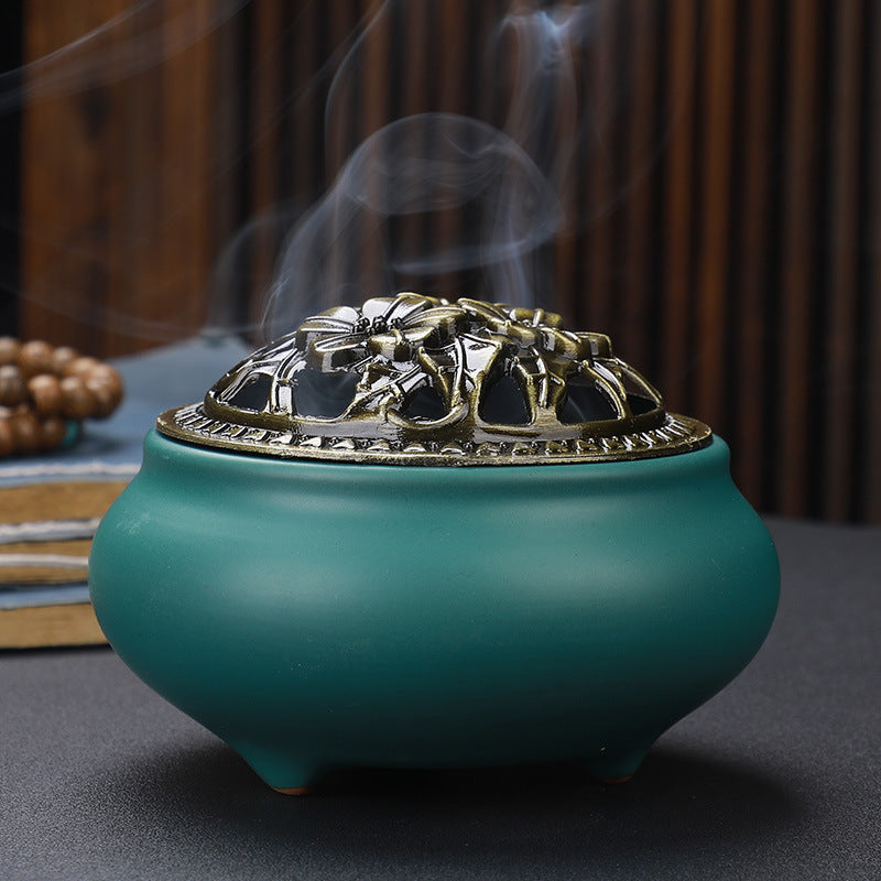 Copper Lid Ceramic Incense Burner with Antique Alloy Wire Incense Burner