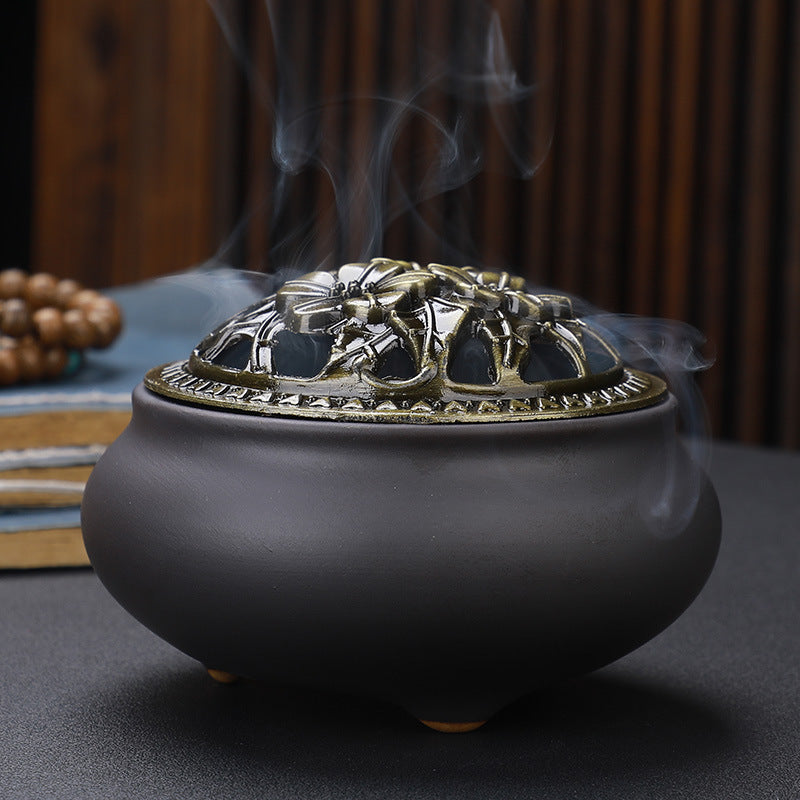 Copper Lid Ceramic Incense Burner with Antique Alloy Wire Incense Burner