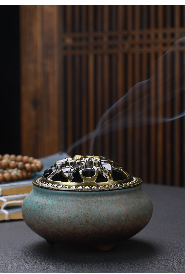 Copper Lid Ceramic Incense Burner with Antique Alloy Wire Incense Burner