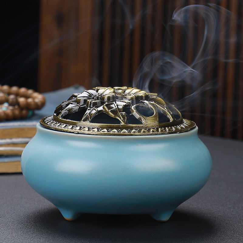 Copper Lid Ceramic Incense Burner with Antique Alloy Wire Incense Burner