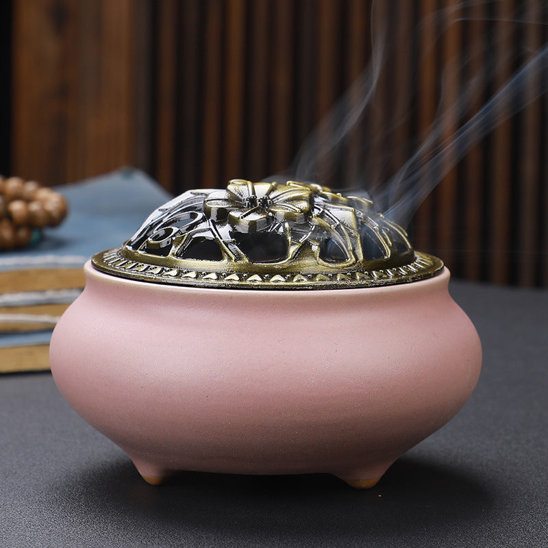 Copper Lid Ceramic Incense Burner with Antique Alloy Wire Incense Burner