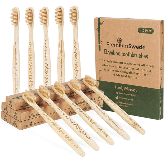 Premiumswede Bamboo Toothbrushes - Biodegradable Eco Friendly Soft Toothbrushes for Adults Kids - Natural Wooden Toothbrushes with Soft Bristles - 10 Pcs Family Toothbrush Pack